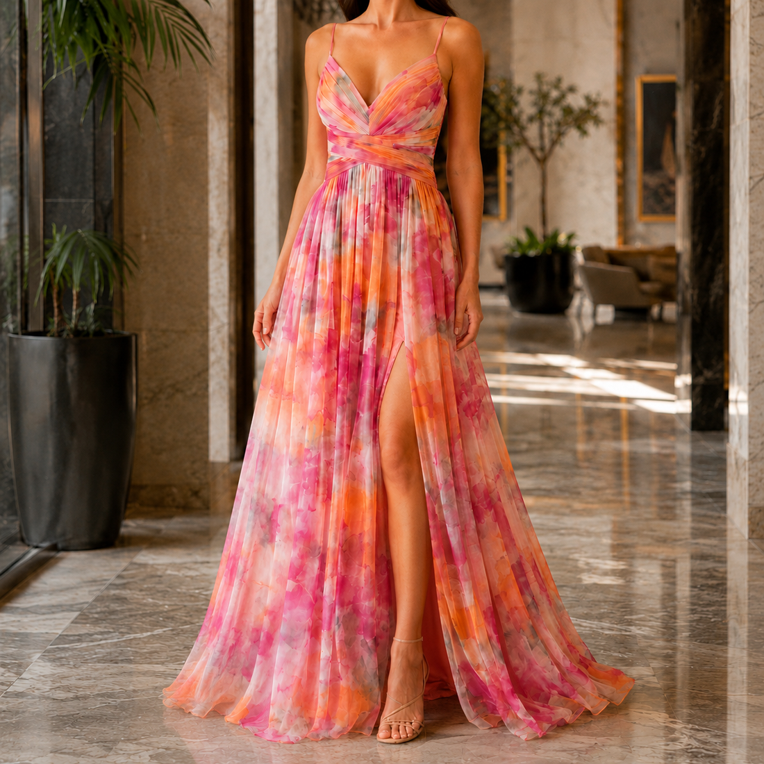 Mina Watercolor Maxi Dress - Orange