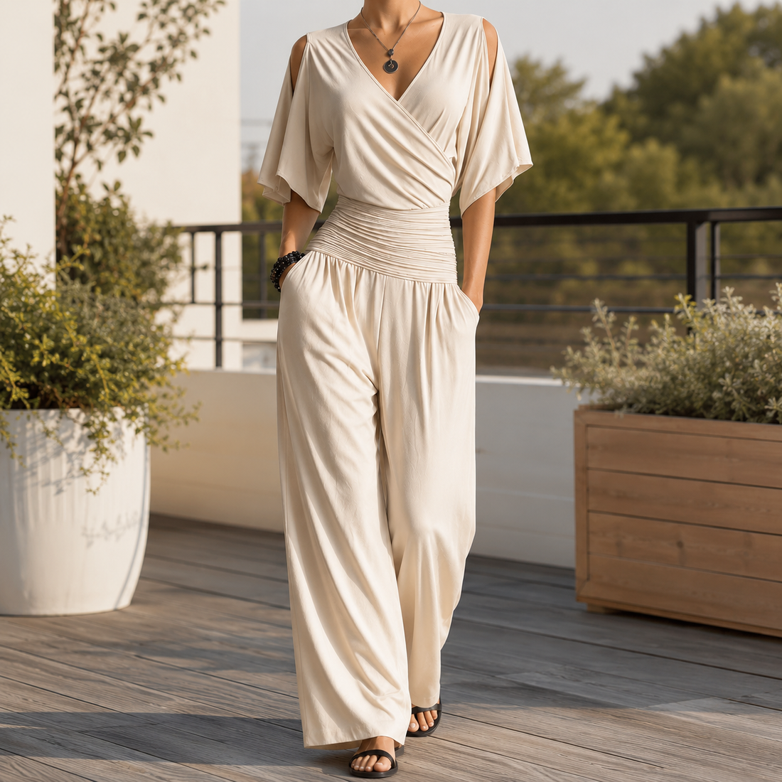 Verity-Grace Wide-Leg Jumpsuit - Beige