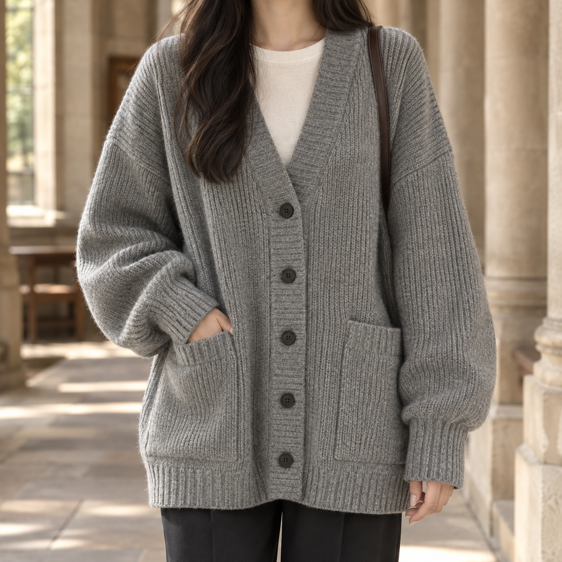 Junia-Belle Ribbed Cardigan - Gray