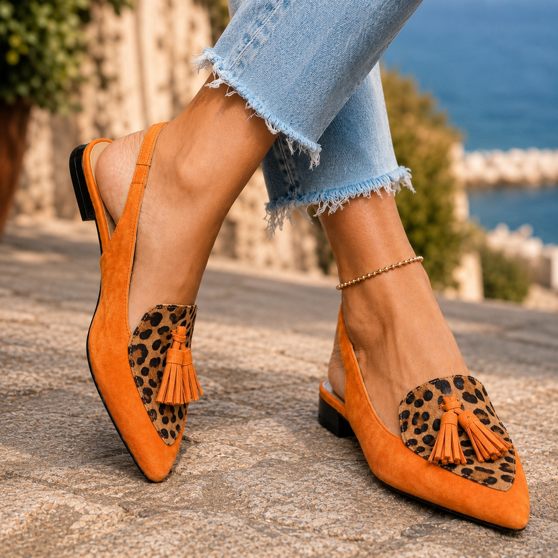 Lecce Tassel Slingbacks - Orange And Leopard