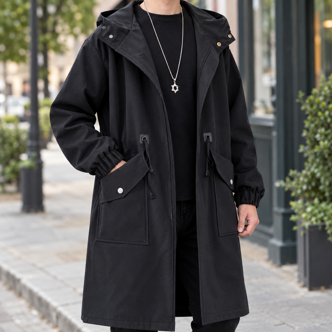 Augustin Hooded Overcoat - Black