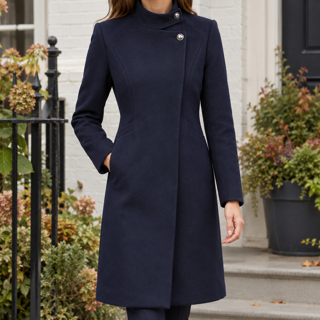 Ambrosine-Lane Tailored Coat - Navy Blue Silk Scarf