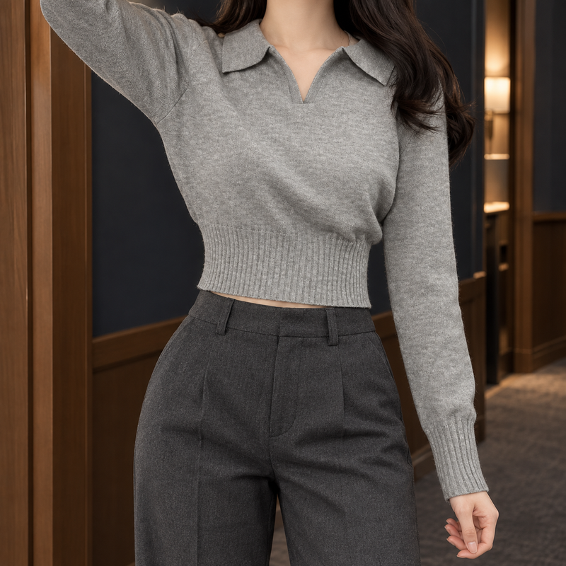 Tiphaine-Eve Polo Knit Top - Gray