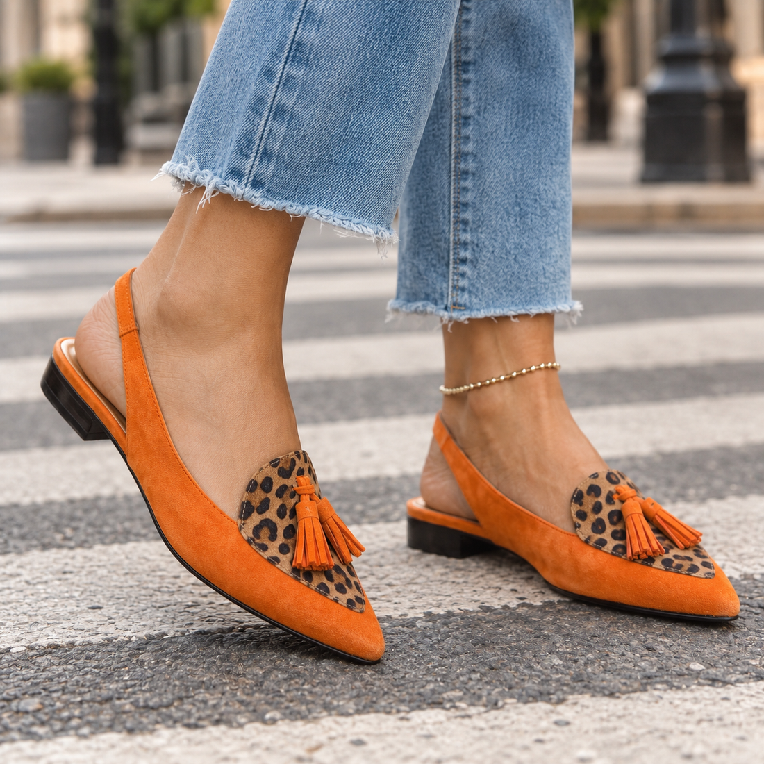 Rimini Tassel Slingbacks - Orange And Leopard