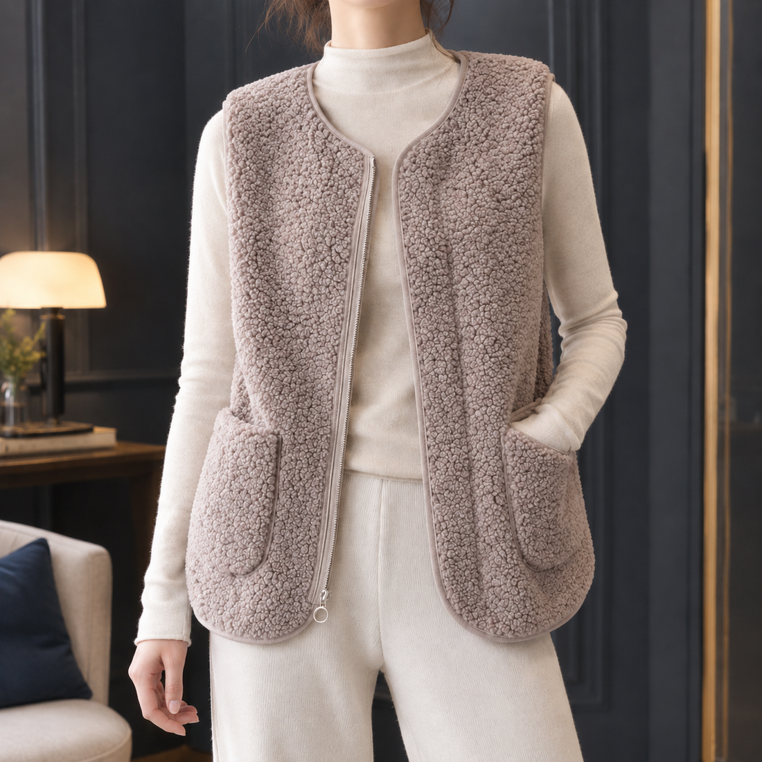 Roseline-Hope Teddy Zip Vest - Taupe