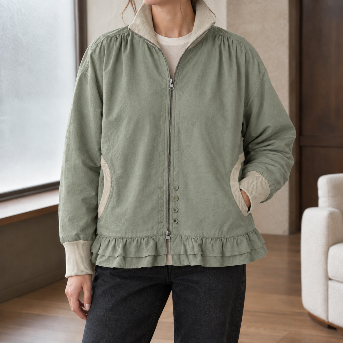 Rosemary-Claire Ruffle Zip Jacket - Light Green