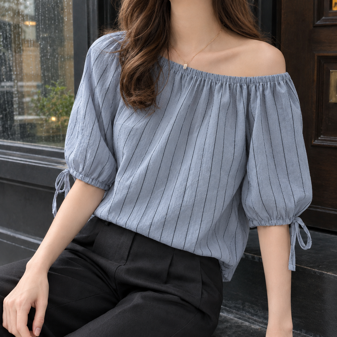 Katherine Gathered Neck Top - Blue