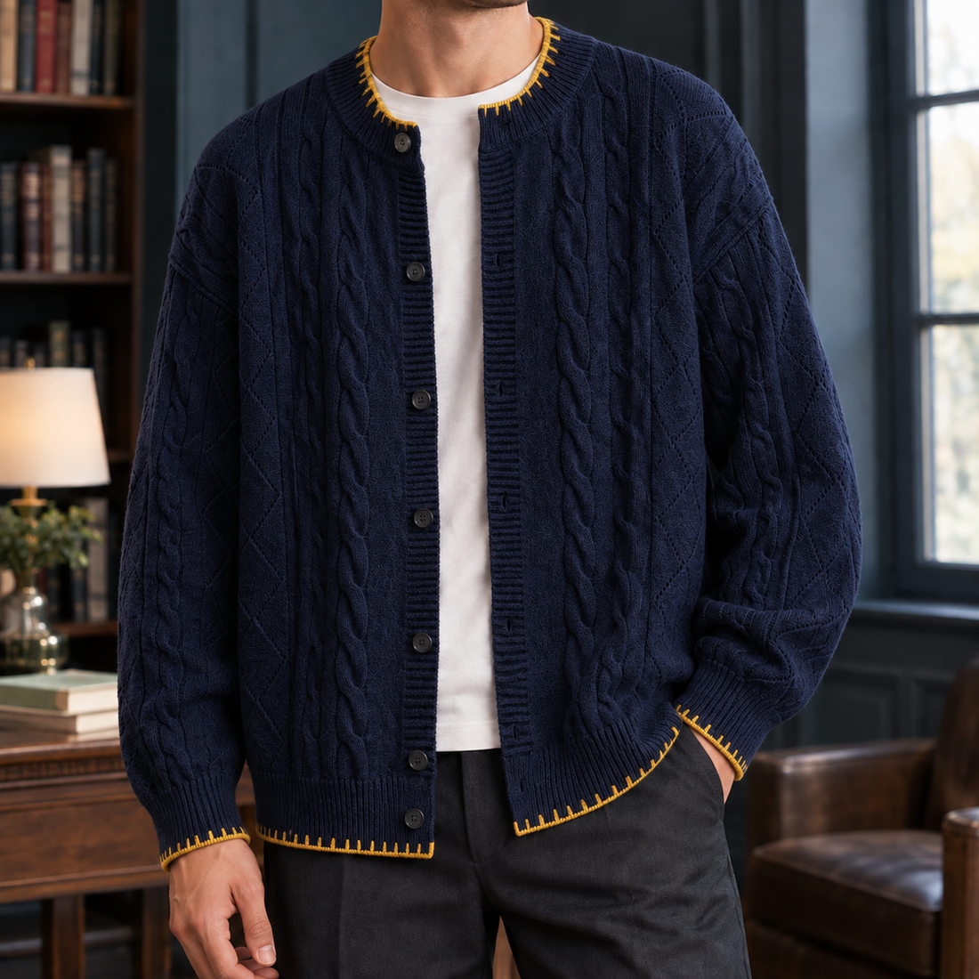 Hugh Cable Cardigan - Navy Blue