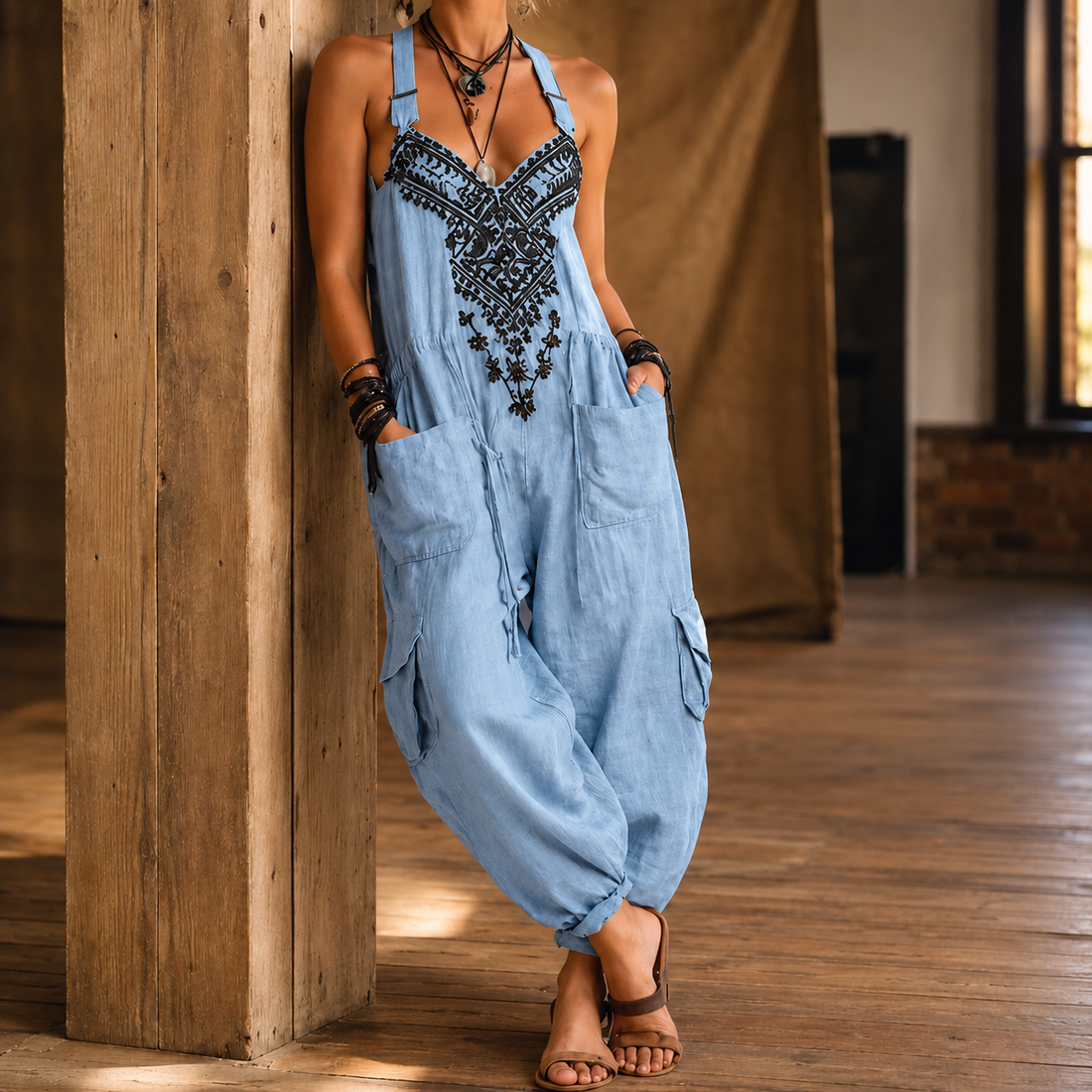Marina-Pearl Embroidered Jumpsuit - Sky Blue