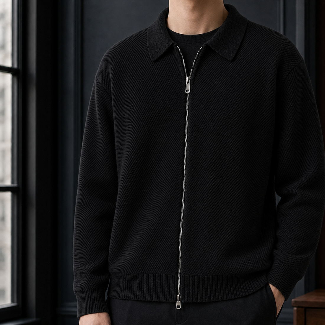 Romano Zip Cardigan - Black
