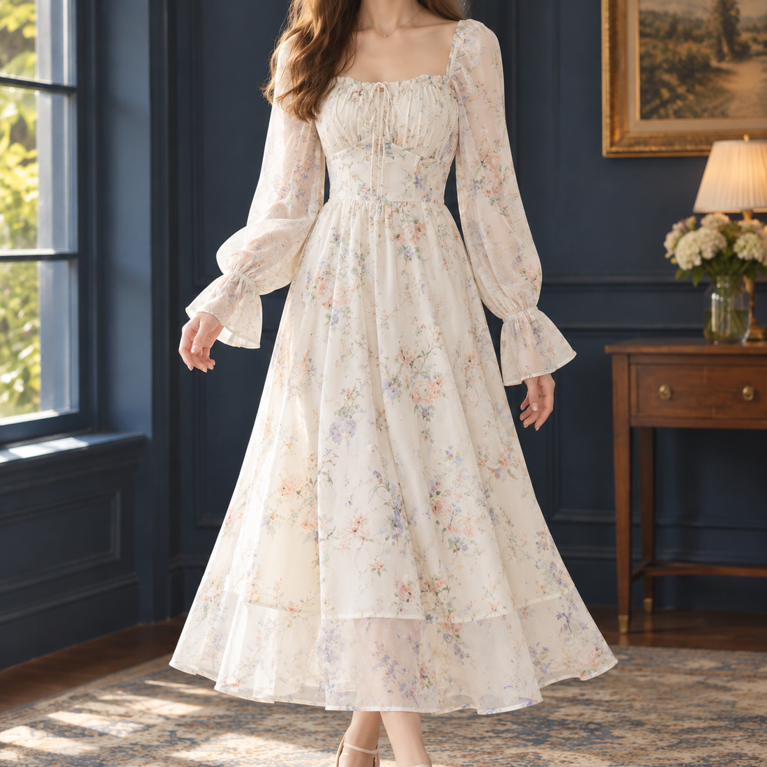 Mireille-Pearl Floral Midi Dress - Ivory Floral