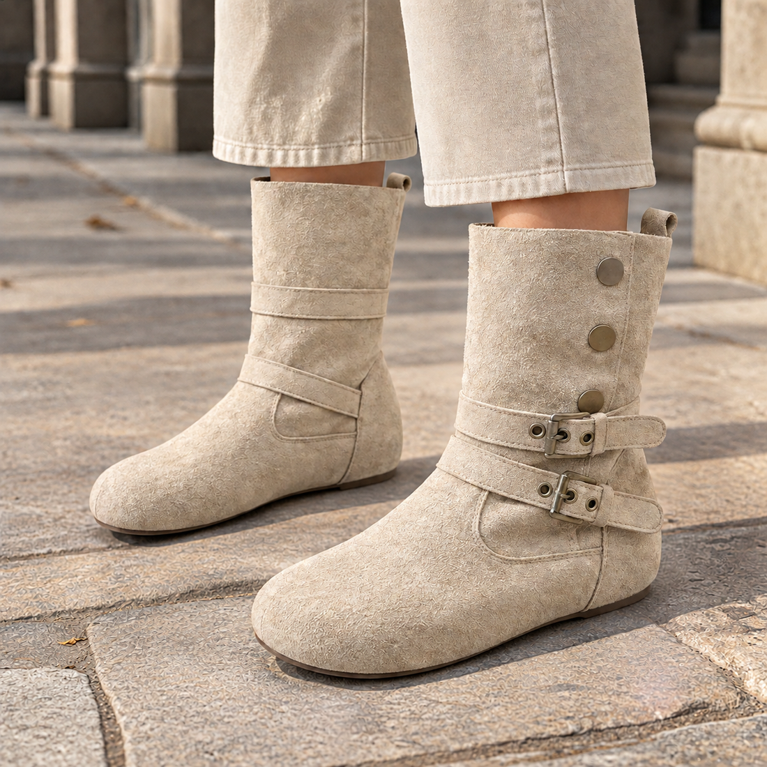 Loredan Buckle Boots - Beige