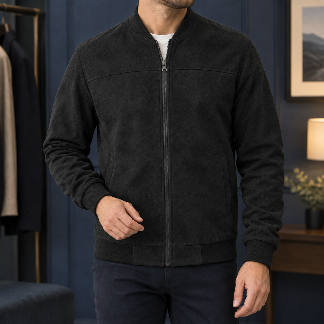Hadrian Suede Bomber Jacket - Black