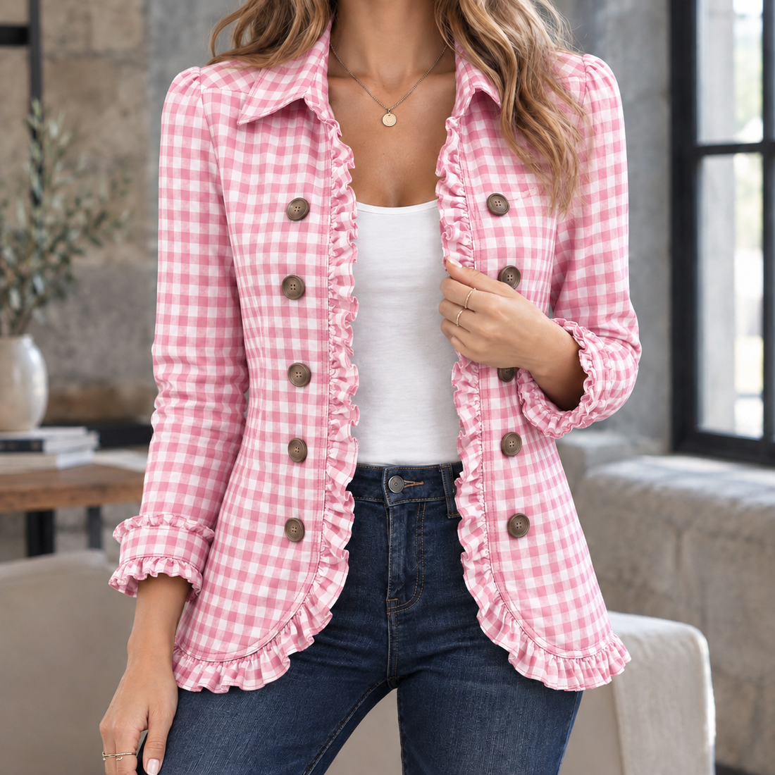 Sharon-Marie Ruffle Overshirt - Pink Gingham