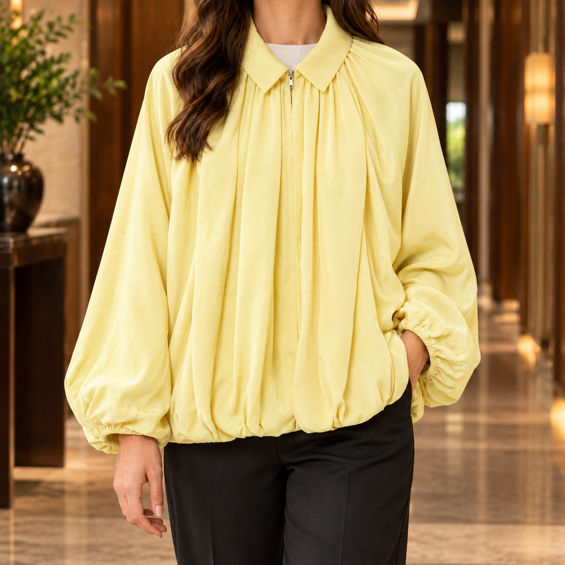 Dorothea-Sage Balloon Jacket - Yellow