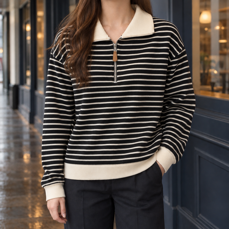 Stacey-Lane Striped Zip Top - Black