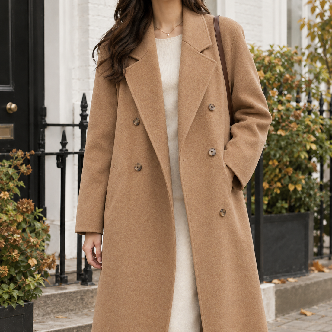 Capucine-Pearl Double-Breasted Coat - Camel