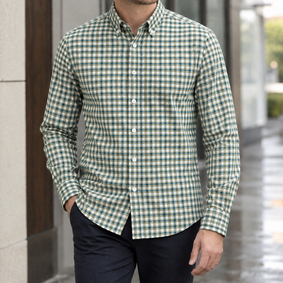 Brett Button Down Shirt - Olive Check