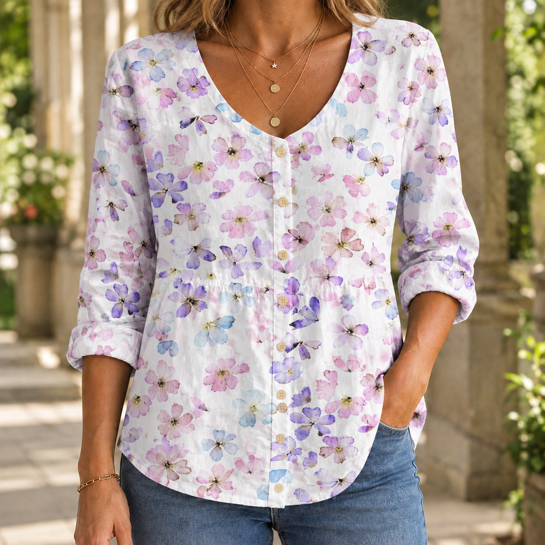 Odette-Hope Scoop Neck Blouse - White Pastel Floral
