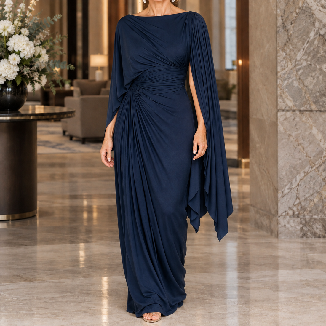 Annabel-Hope Ruched Cape Dress - Blue