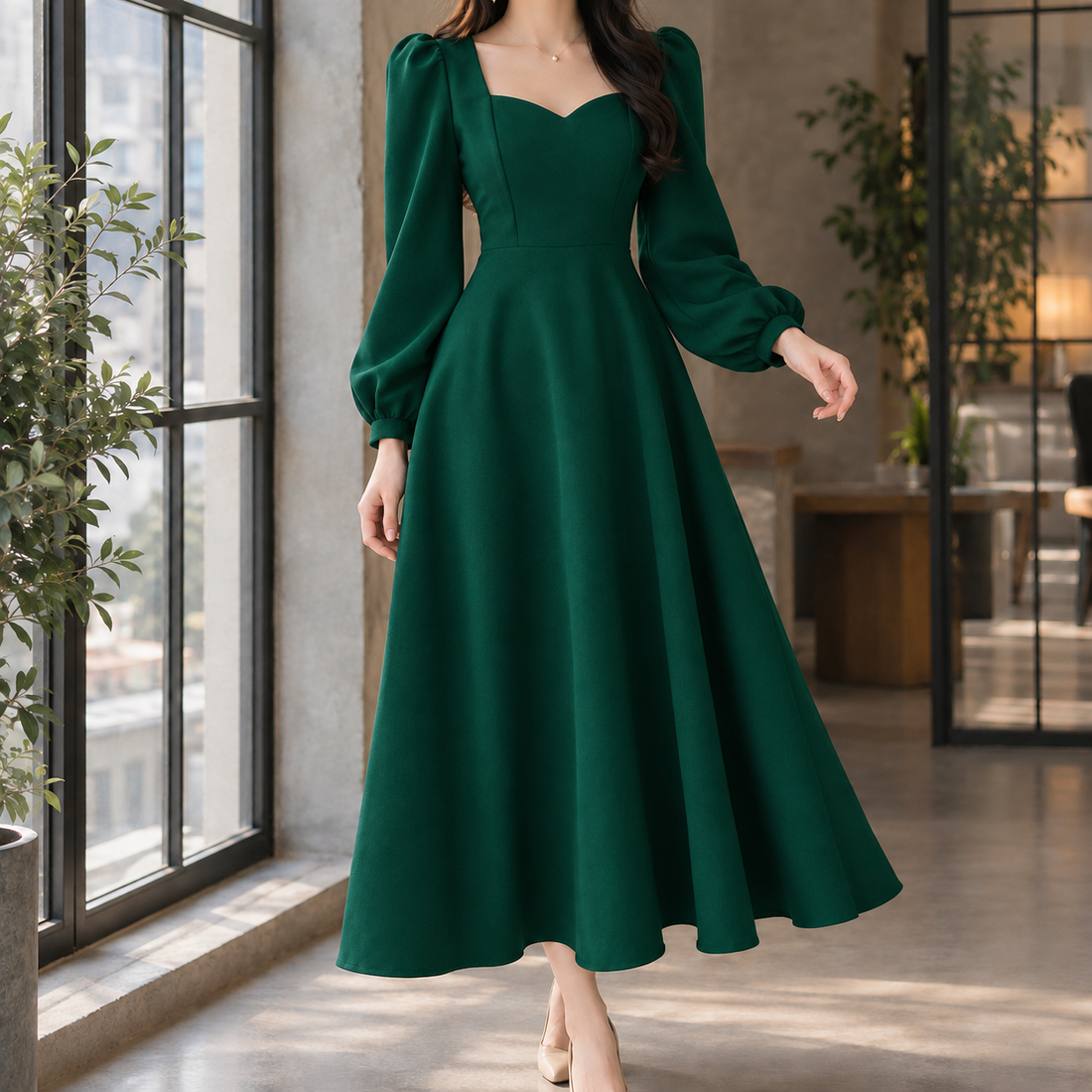Emmeline A-Line Dress - Dark Green