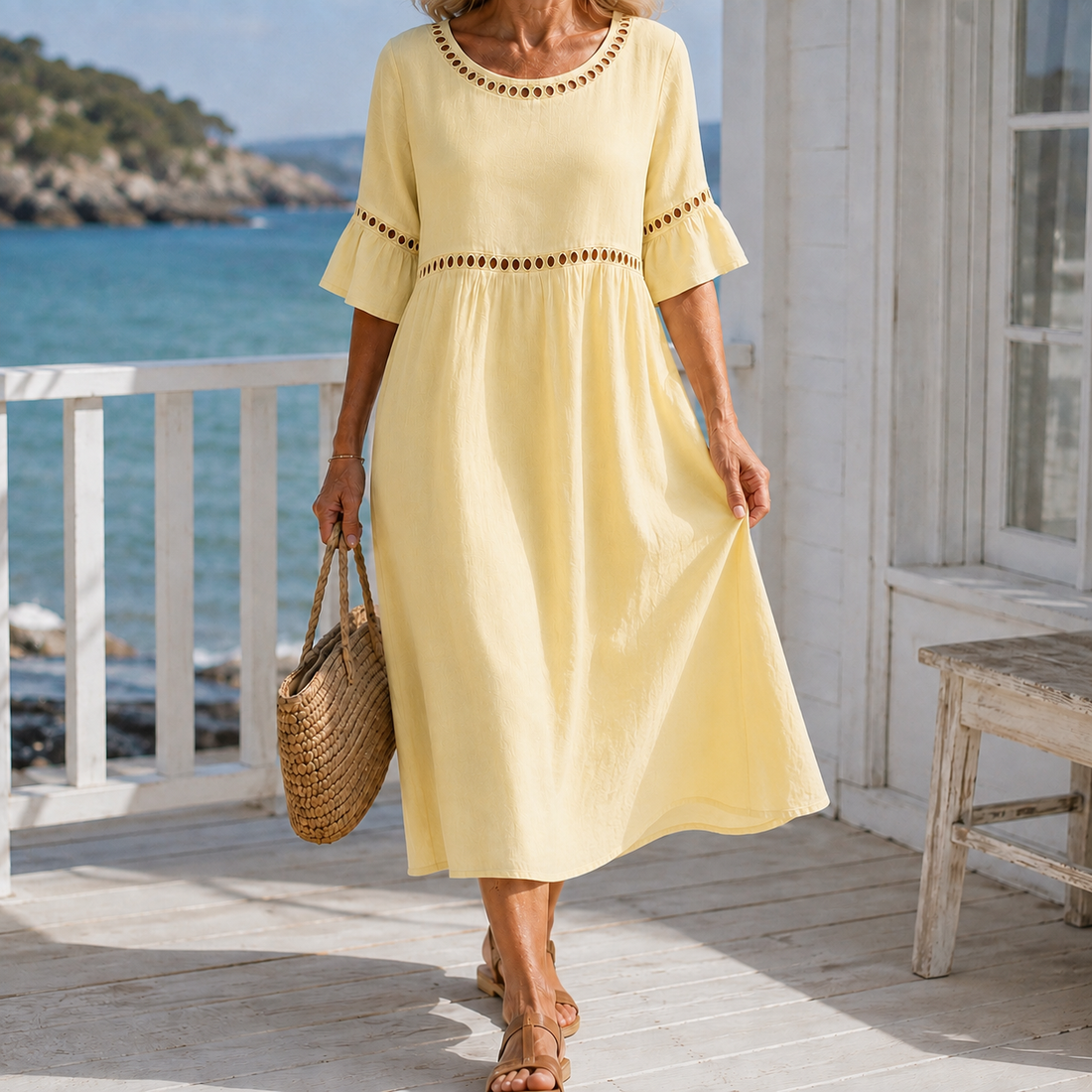 Hallie-Jade Eyelet Midi Dress - Pastel Yellow