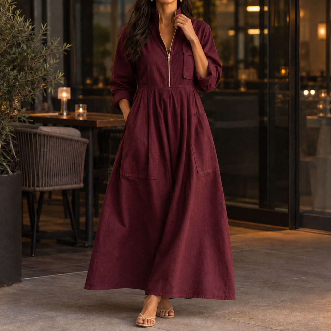 Guinevere-Hope Half-Zip Maxi Dress - Wine Red