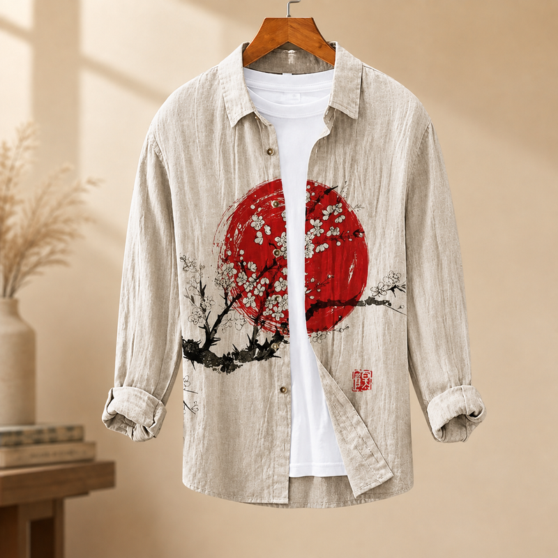 Austin Linen Shirt - Beige Red Sun