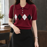 Selma-Pearl Argyle Polo - Maroon Red