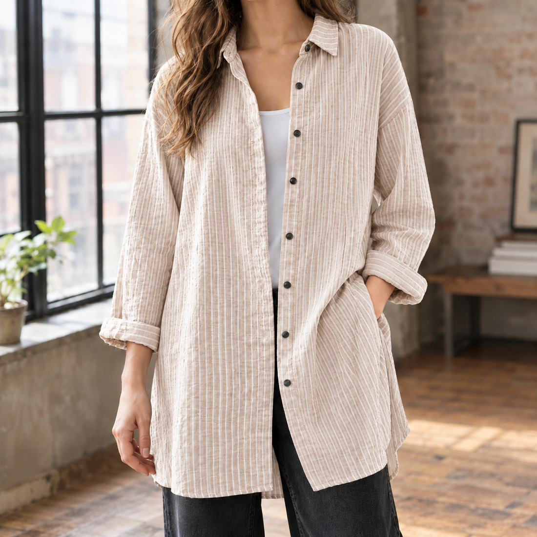 Leontine Relaxed Shirt - Light Beige Striped