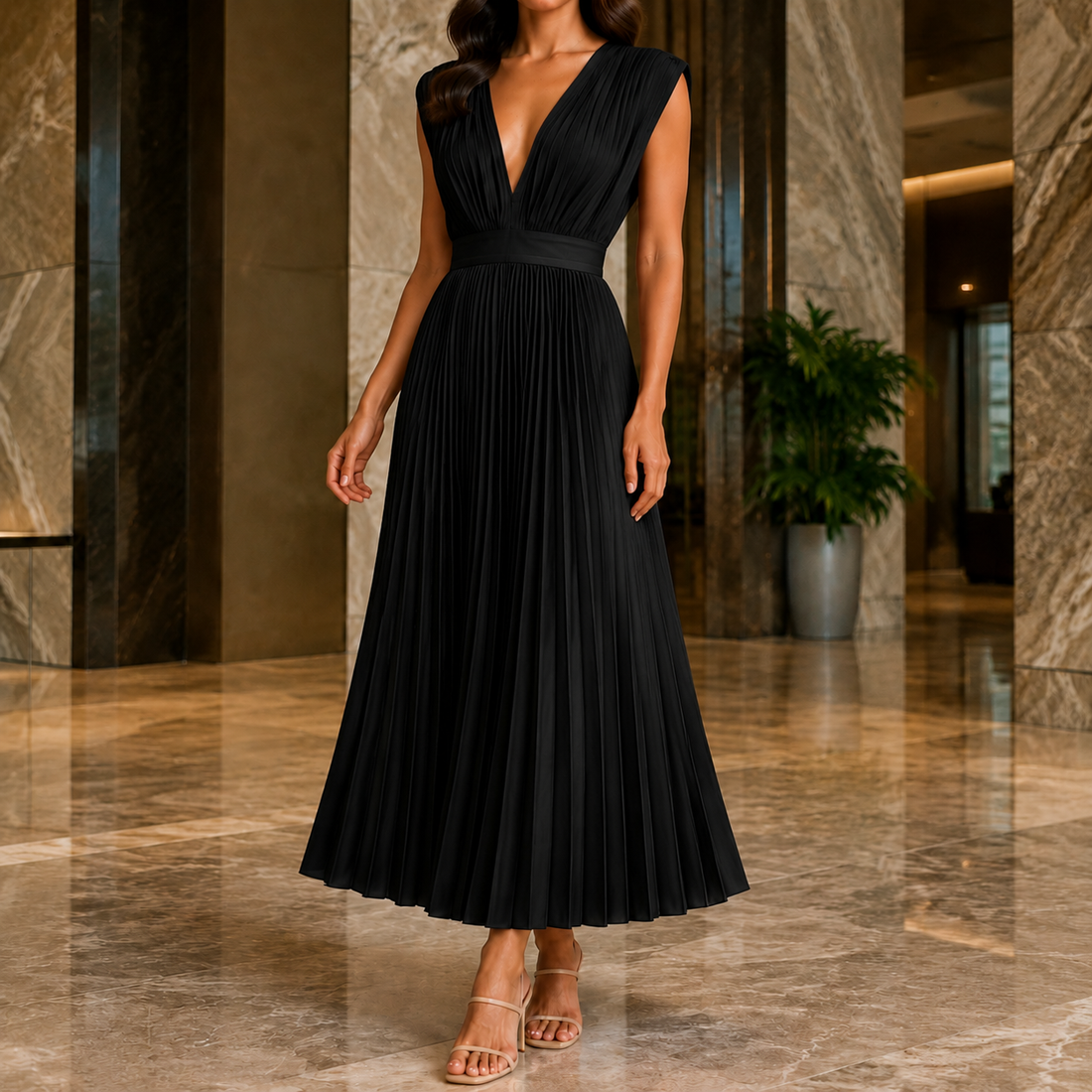 Marisol-Skye Pleated Maxi Dress - Black