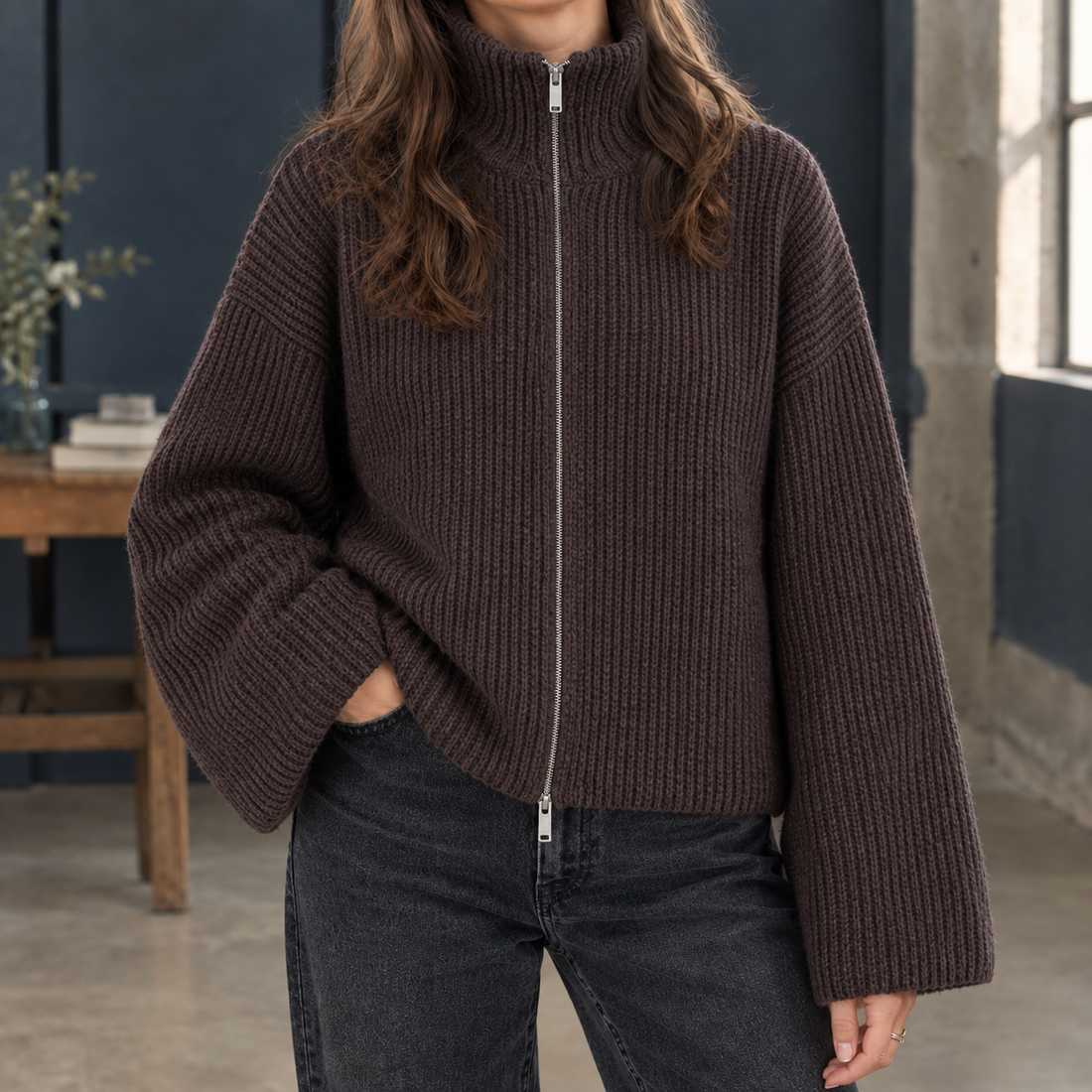 Olive Ribbed Sweater - Brown