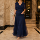 Serena-Pearl Draped Maxi Dress - Dark Blue