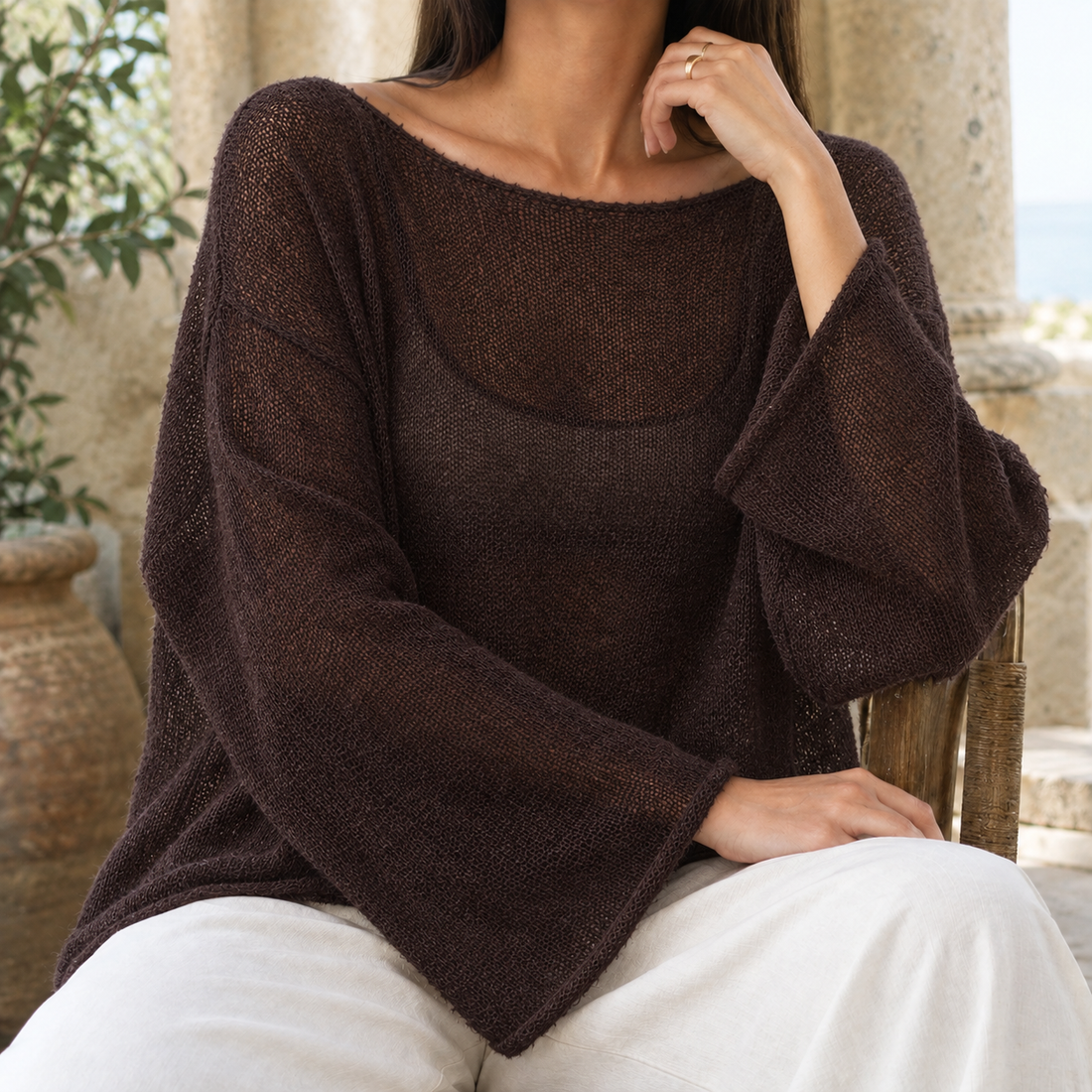 Ilaria-Rae Boat Neck Top - Brown