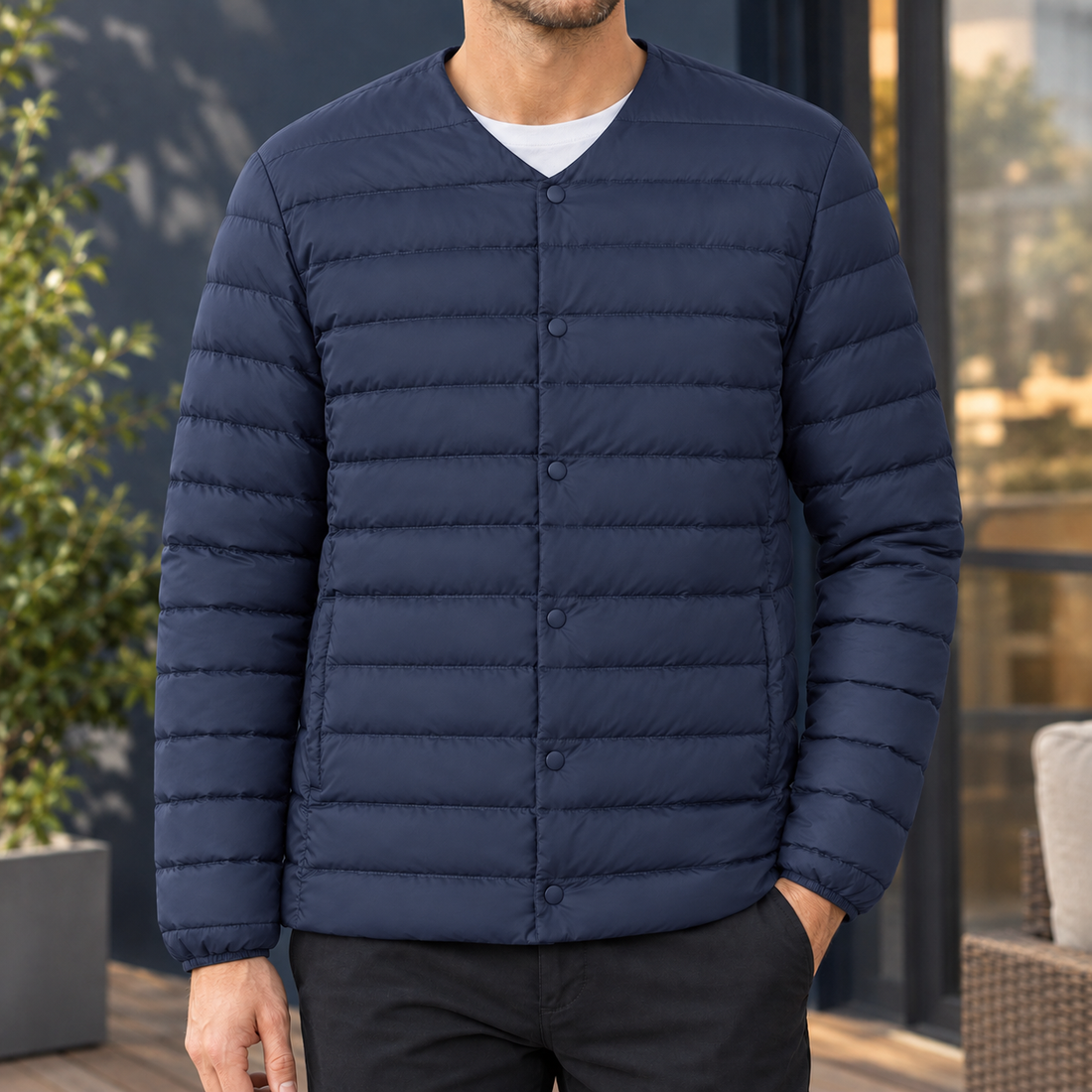 Harlan Collarless Jacket - Navy Blue