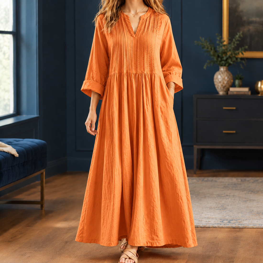 Violetta-Jade Pintuck Maxi Dress - Orange