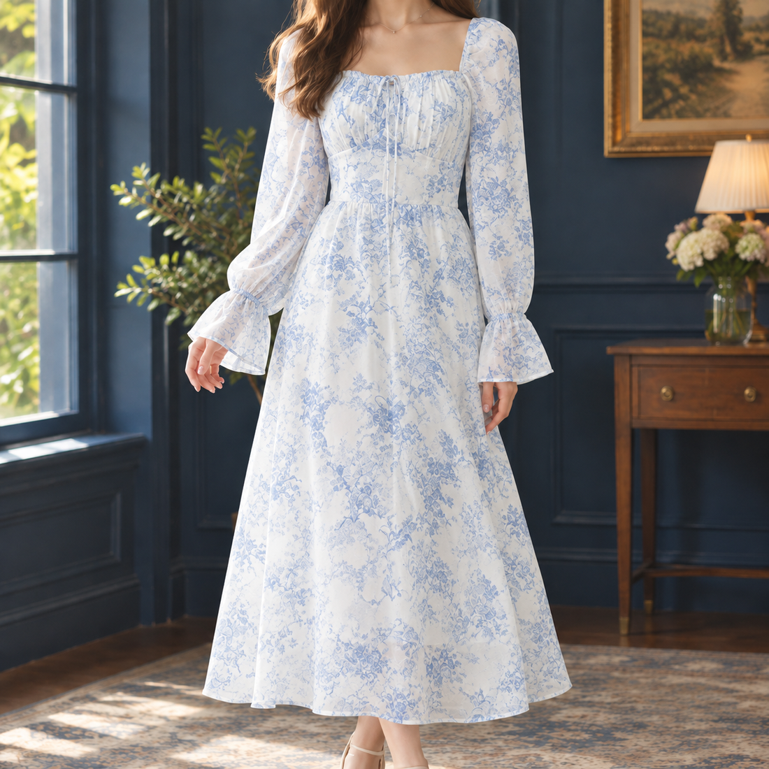 Mireille-Pearl Floral Midi Dress - White And Blue Toile