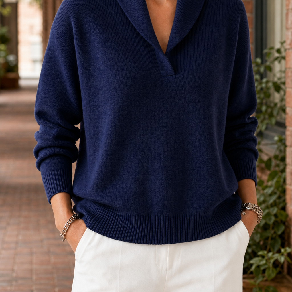 Freya-Belle Shawl Collar Sweater - Navy Blue