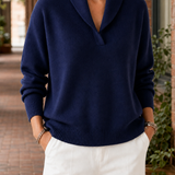 Freya-Belle Shawl Collar Sweater - Navy Blue