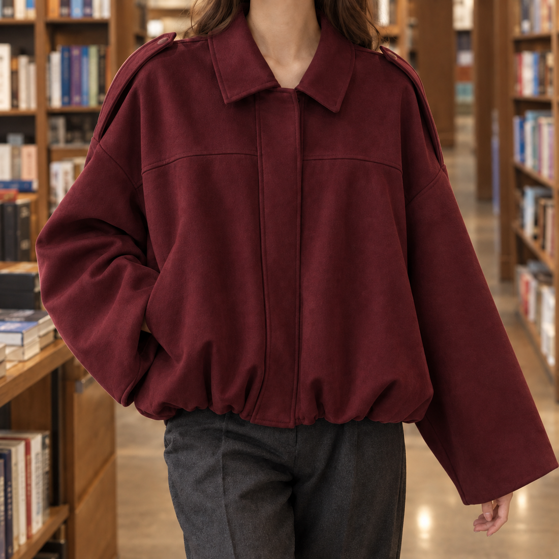 Clemence-Marie Suede Bomber Jacket - Burgundy