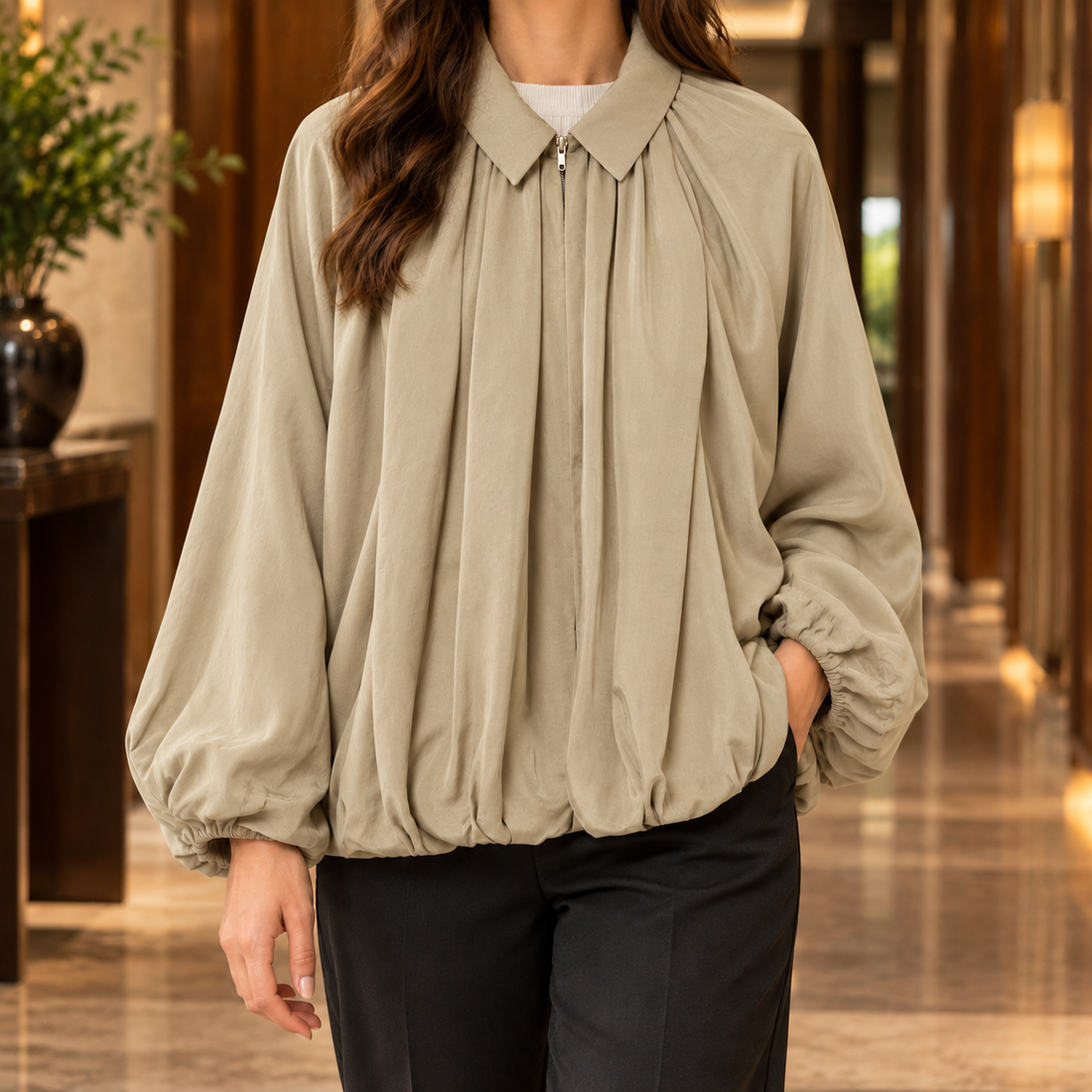Dorothea-Sage Balloon Jacket - Khaki