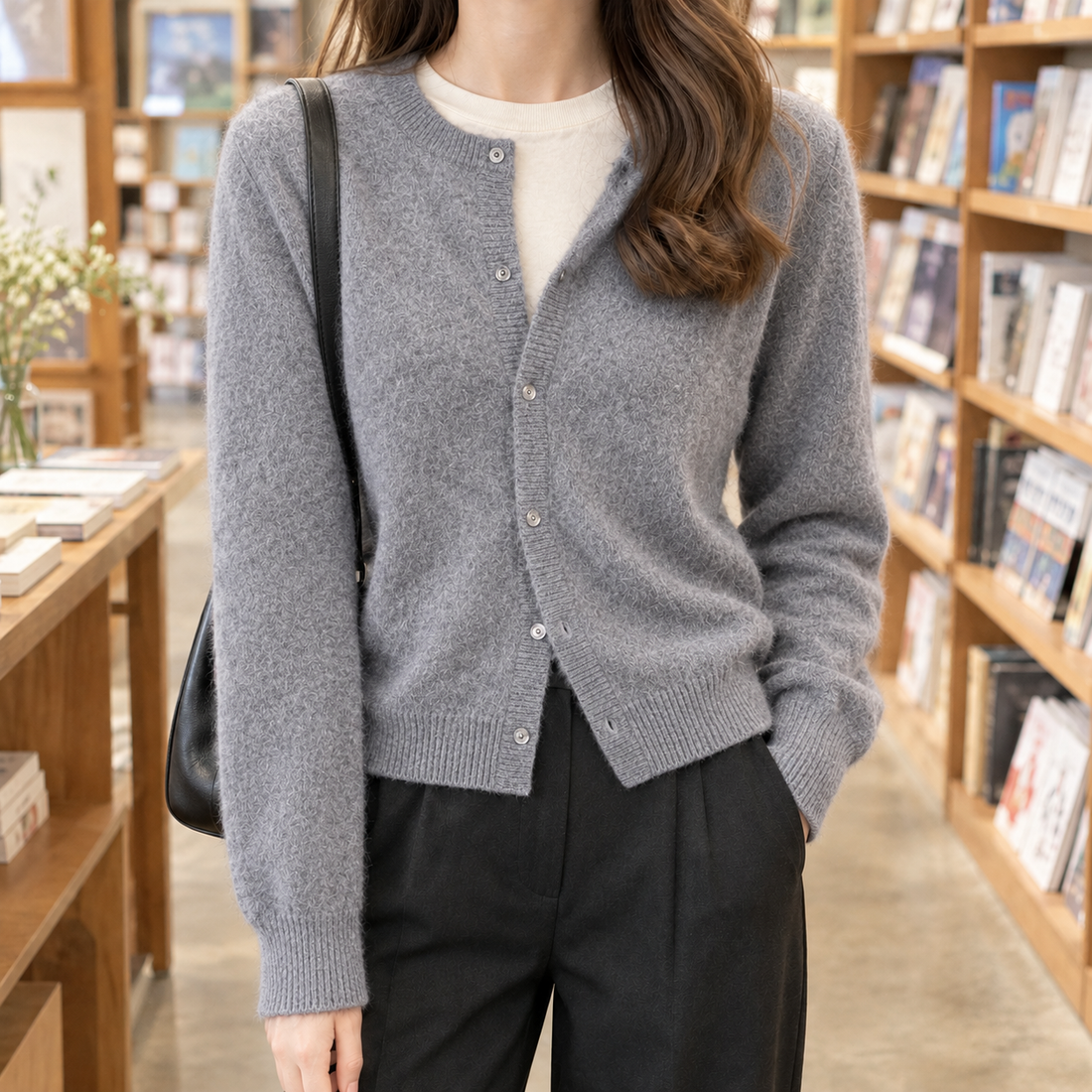 Augustine Round Neck Cardigan - Gray