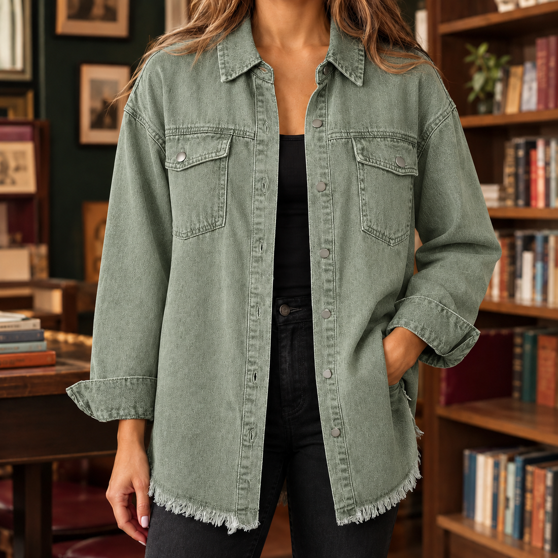 Claudia Frayed Overshirt - Olive Green