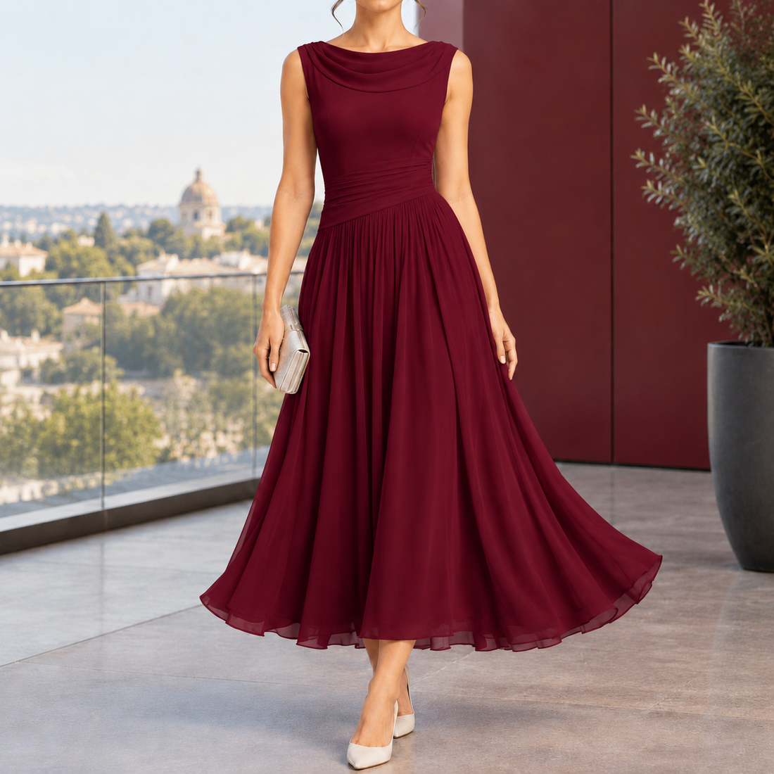 Calla-Grace Draped Midi Dress - Red