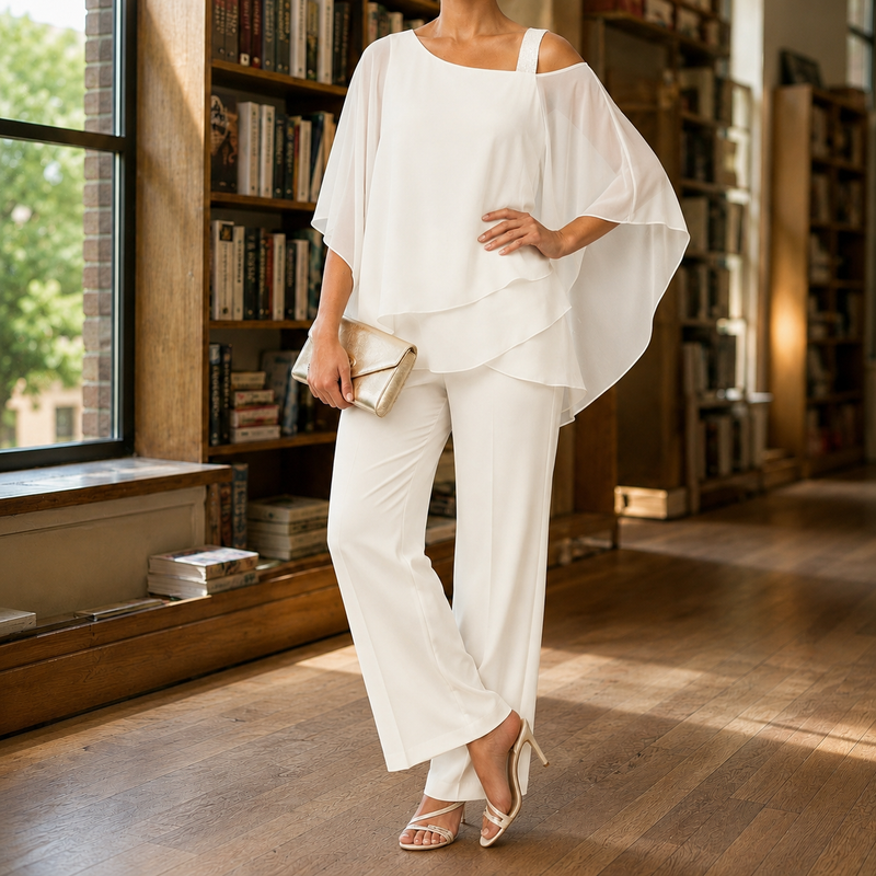 Nerissa-Elise Asymmetric Pants Set - White