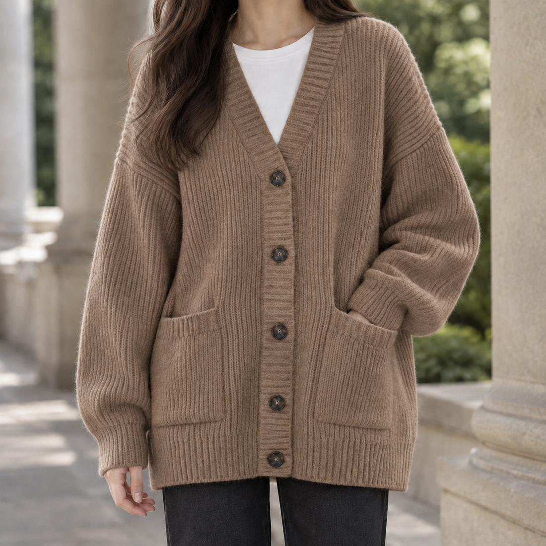 Mireille-Sage Ribbed Cardigan - Brown