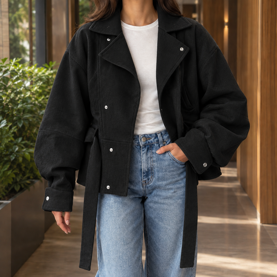 Desiree-Marie Belted Moto Jacket - Black