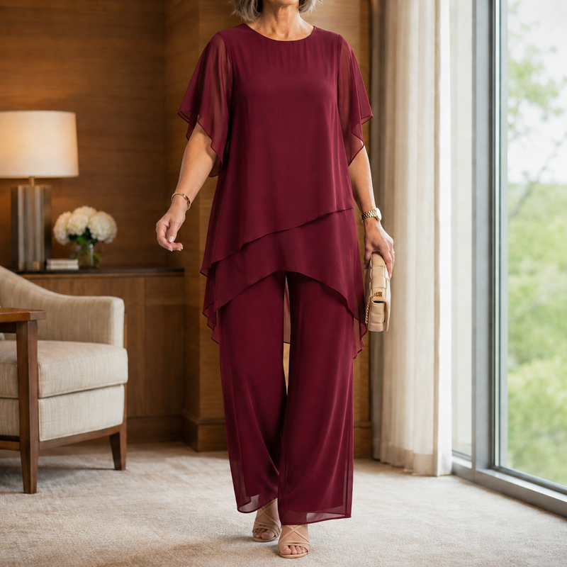 Aimee-Jane Asymmetric Pants Set - Red