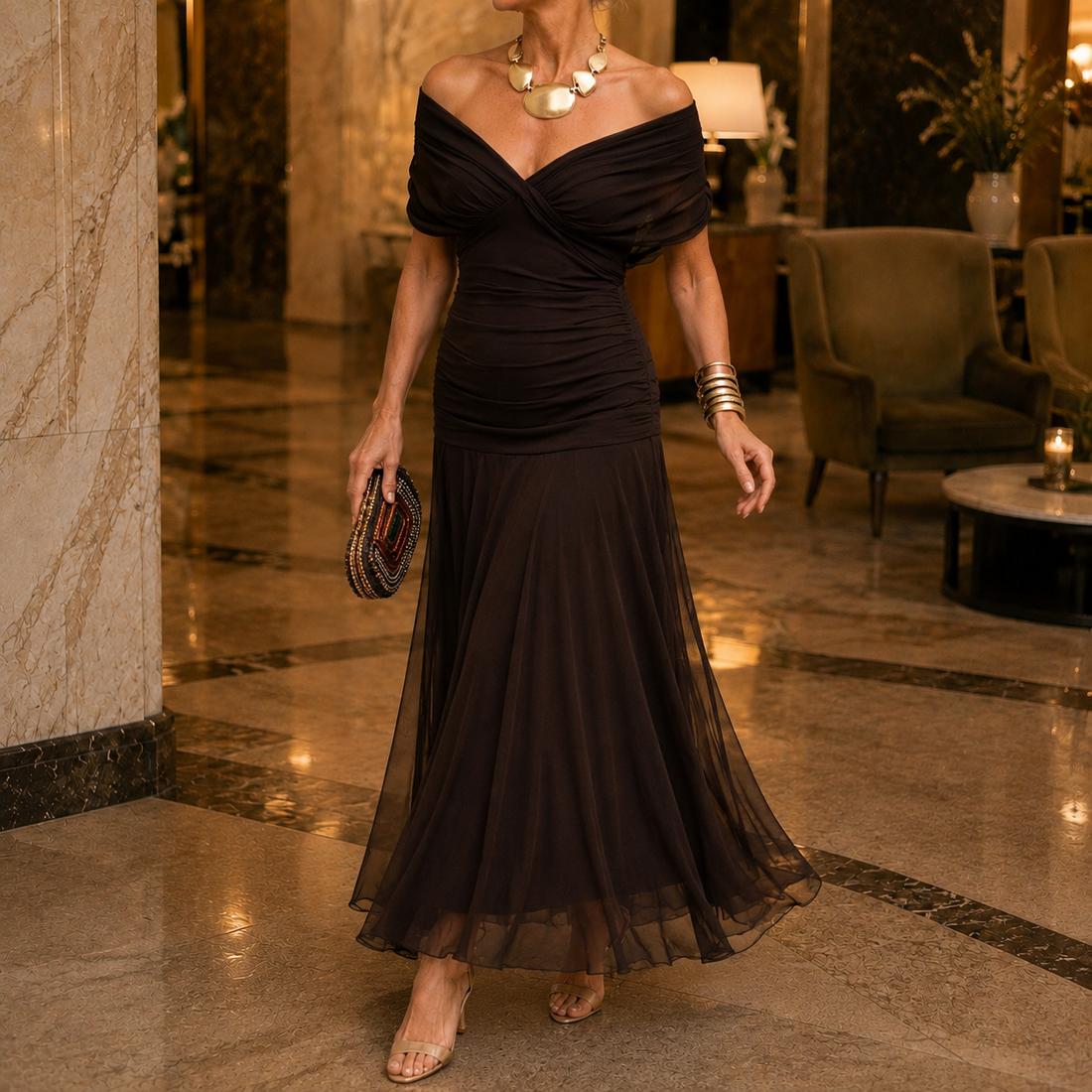 Valeria-Rose Draped Maxi Dress - Brown