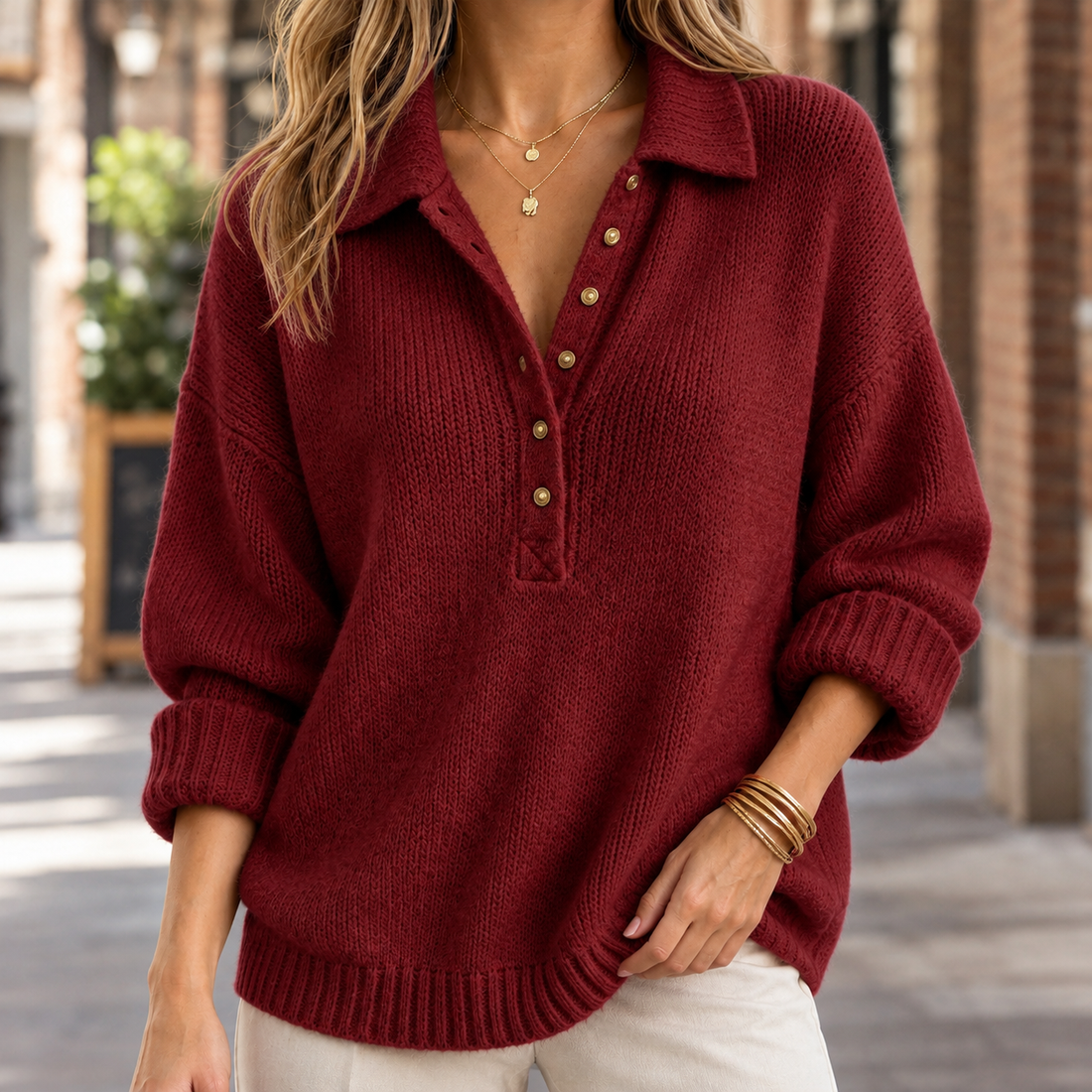 Delphine-Skye Relaxed Polo Sweater - Red